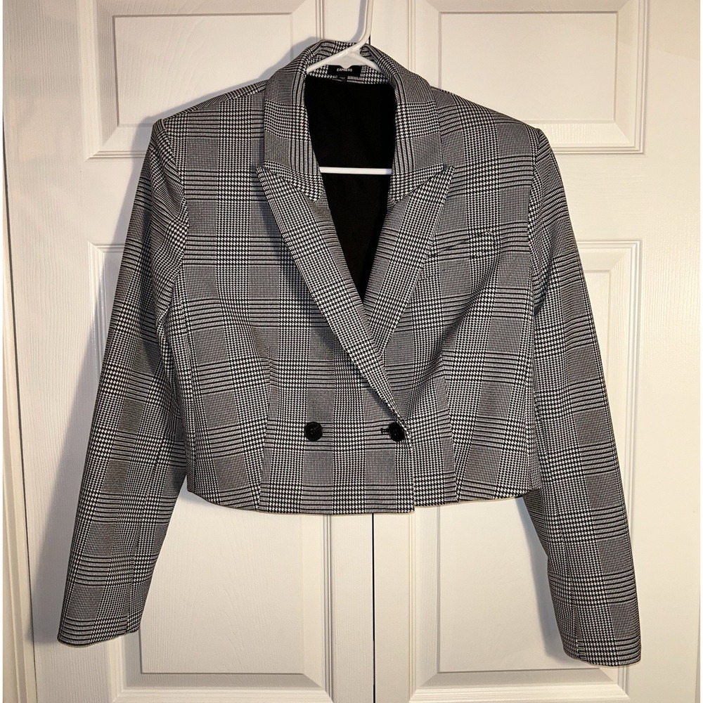 Express - Women's Clueless 90s Vintage Office Black White Plaid Cropped Blazer L